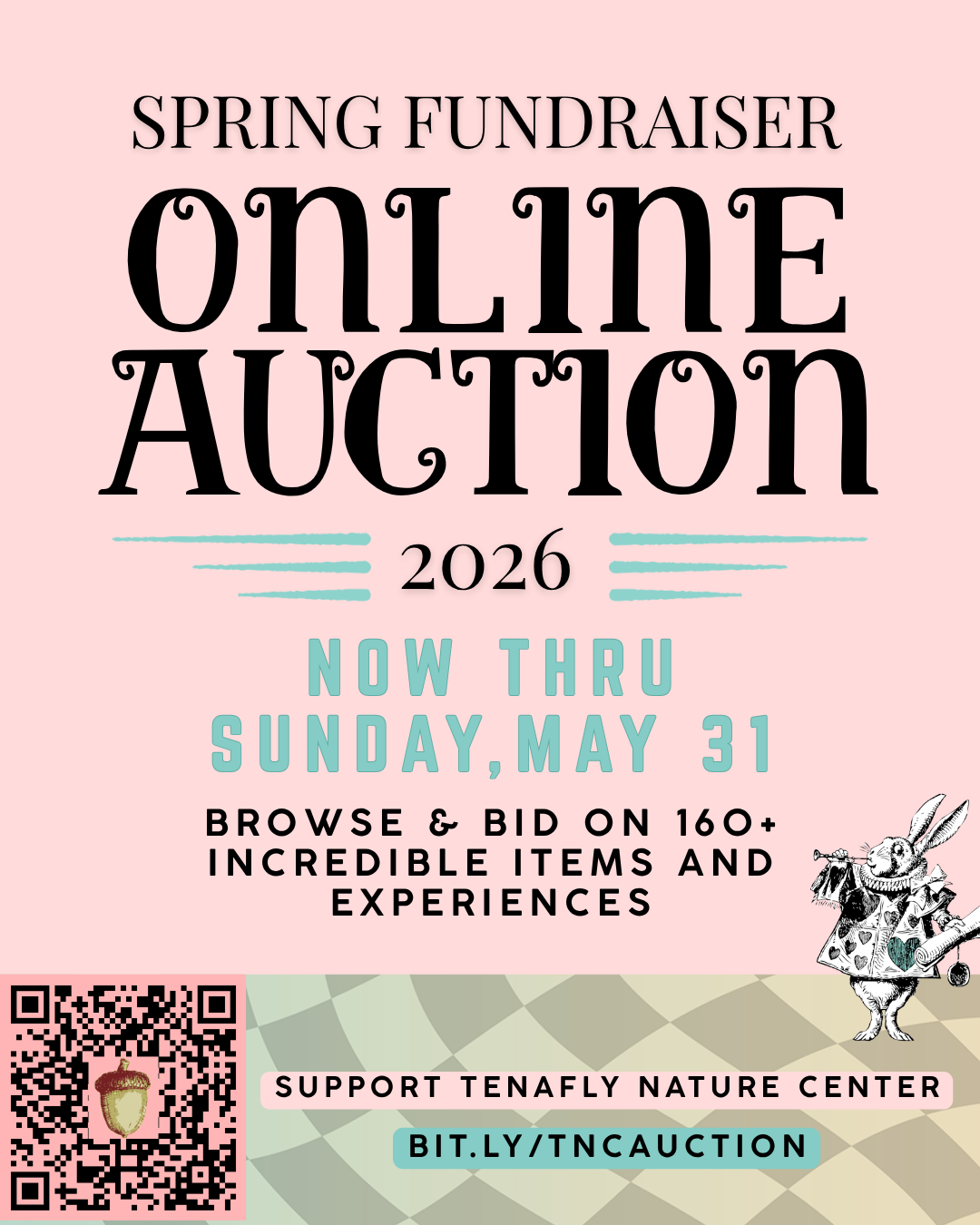 SPRING FUNDRAISER ONLINE AUCTION 2026 NOW THRU SUNDAY, MAy 31 Browse & Bid on 160+ incredible Items and Experiences support Tenafly nature center CLICK TO GO TO bit.ly/TNCAuction